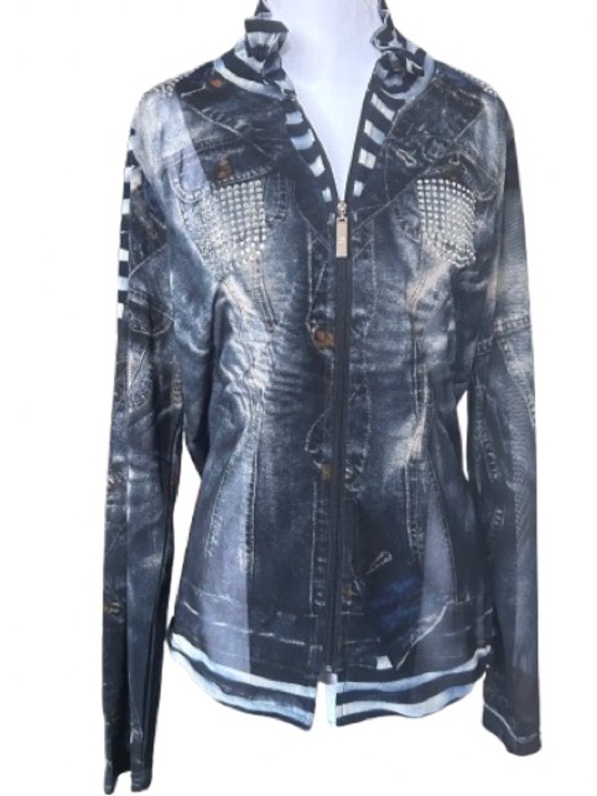 Tops - Y2K McBling Rhinestone Mesh Jacket Edgy Zip-up Faux Denim Printed Damee Size L